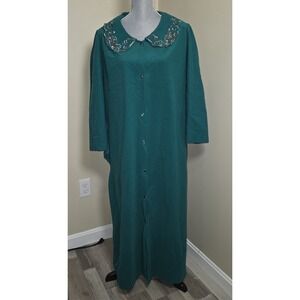 Vintage Romans‎ Teal Button Front House Dress Duster Embroidered Collar XL